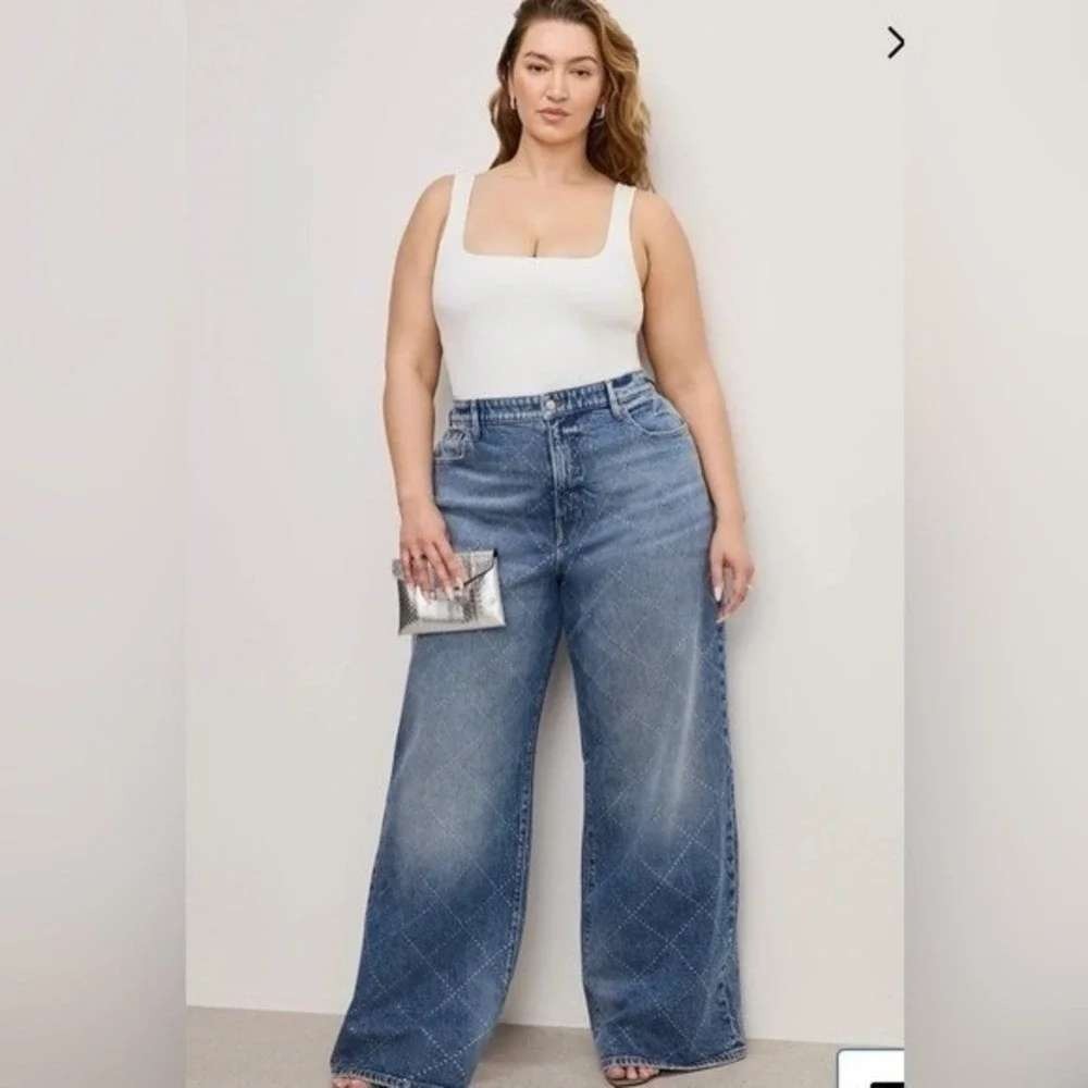 Good American Rhinestone Good Ease Jeans Womens 12/31 Mid Rise Relaxed Wide Leg